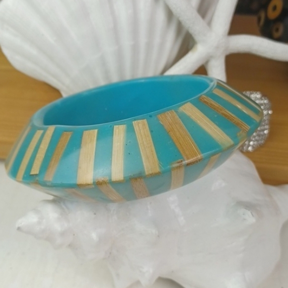 KJL VTG Turquoise Tone Bamboo Lucite Bicone Knife Edge Bangle Bracelet - Picture 15 of 15